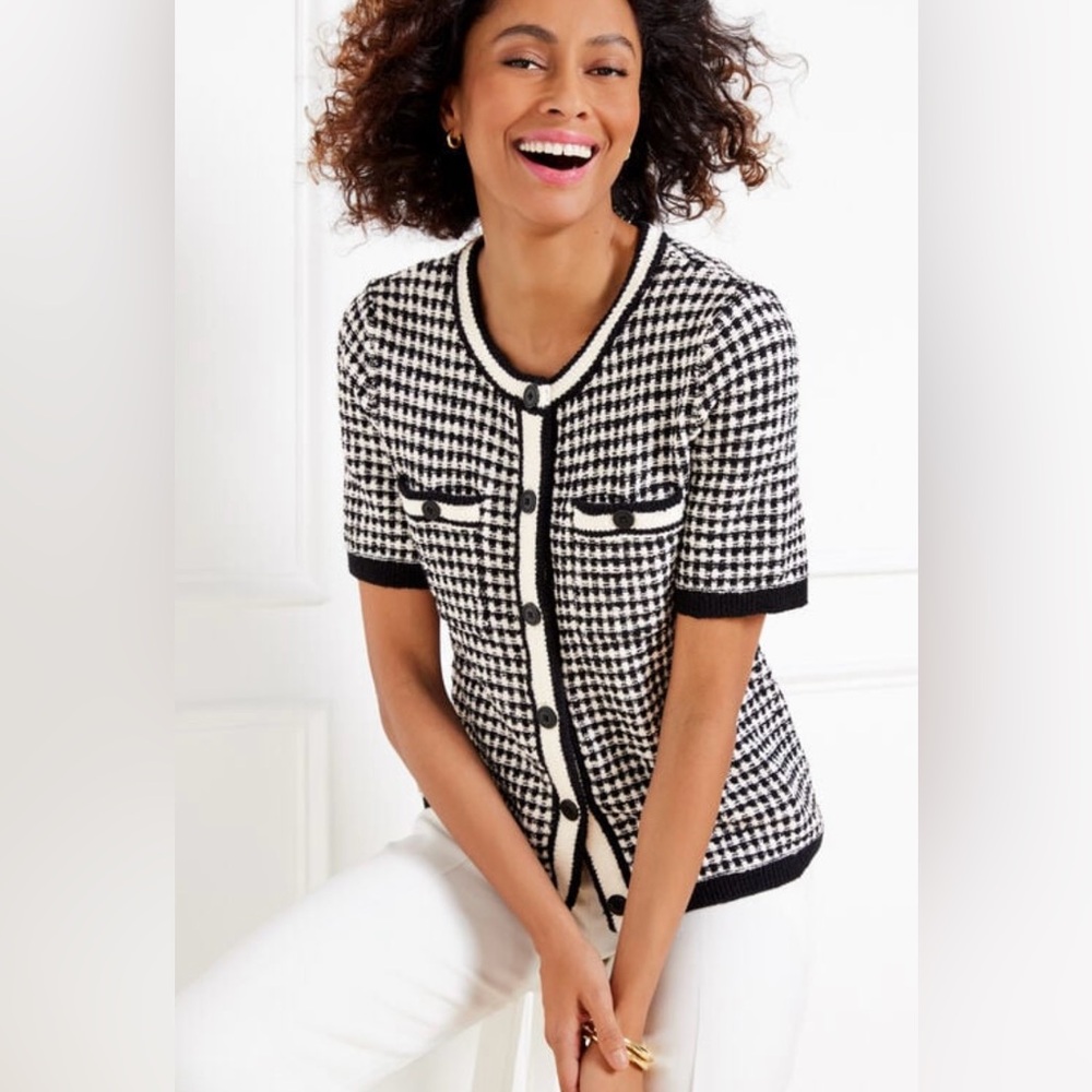 Talbots Black and White Check Jacquard Cardigan